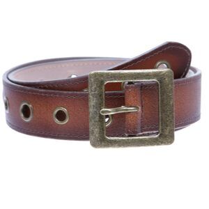 2439 Square Buckle Grommets Vintage Distressed Leather Jean Belt, Brown | S